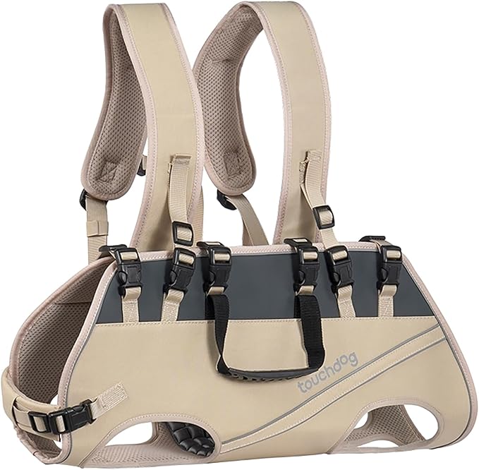 Dog Backpack Carrier for Large Dogs - Hands-Free Pet Travel Pack with 6-Point Safety System, Waterproof & Reflective Design for Motorcycle, Hiking, Surfing (Khaki Color, XX-Large)