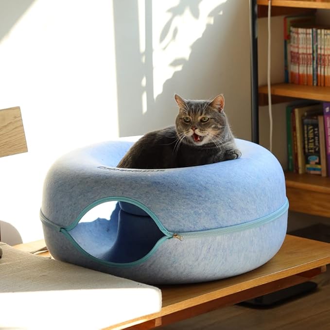 Cattasaurus Peekaboo Cat Cave Donut for Multiple & Large Cats up to 30-45 lbs, 3-in-1 Self Warming Cat Bed, Tunnel & Scratcher for Indoor Cats, Washable & Detachable Small Dog Bed (Blue, Large)