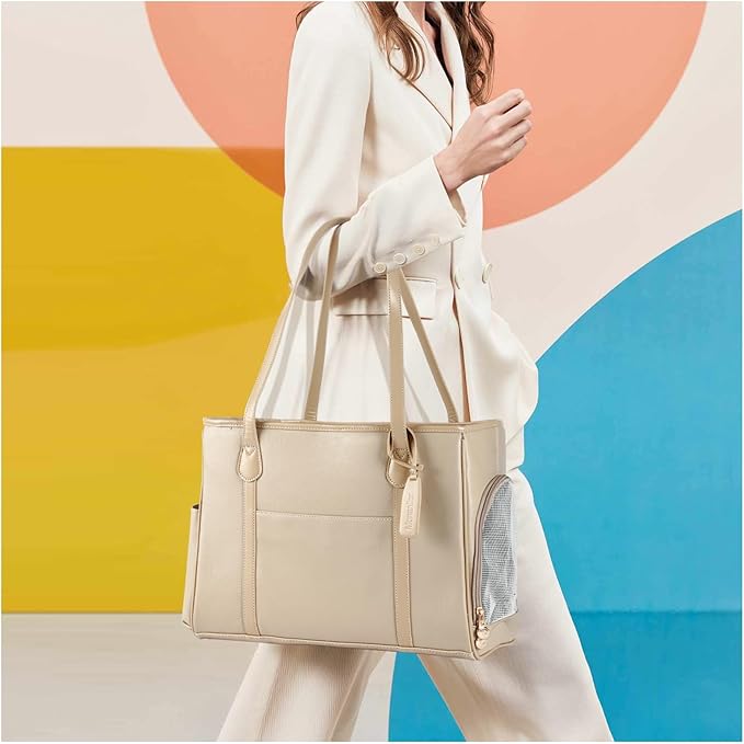 Stylish Dog Purse Carrier, Leather Pet Carrier Bag for Small Dogs Cats Puppy, Airline Approved Soft-Sided Carrier Ivory