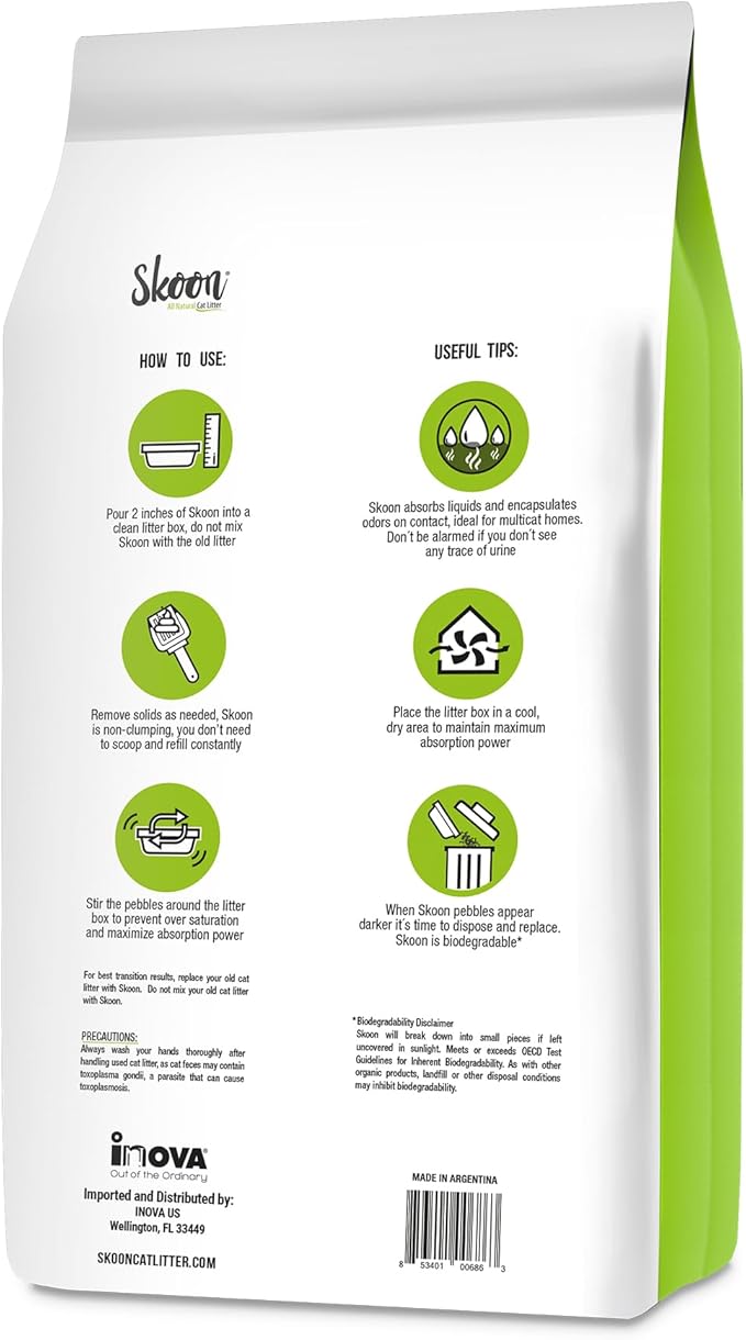 Skoon All Natural Cat Litter (1 Bag) - Fine Grain - Lightweight, Low Tracking, Non-Clumping Diatom Pebbles Absorb, Lock, and Seal Waste for Best Odor Control - Self-Cleaning Box Compatible