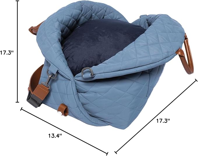 4 Cats & Dogs Mew Mew Travel Pet Bed – Soft Carrier for Small Dogs & Cats, Water-Resistant Quilted Shell, Adjustable Belts for Car Travel, Anti-Slip Bottom, Portable Pet Bed & Travel Bag - Blue Steel