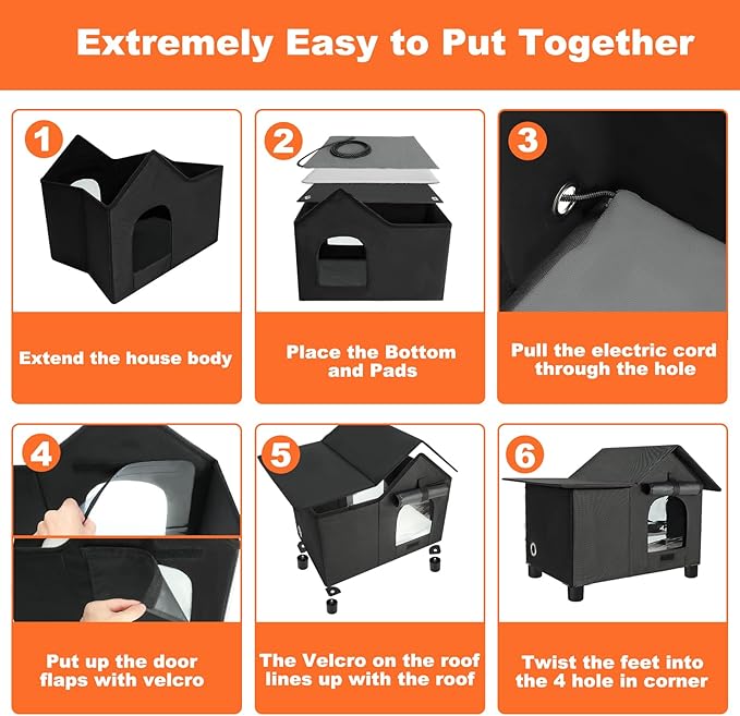 Elevated Large Heated Cat House for Outdoor Cats in Winter, Weatherproof Feral Cat Shelter with 2 Pads, Collaspable Insulated Cat Kennel Outside Stray Cat Hut for Wild Small Animal Rabbit