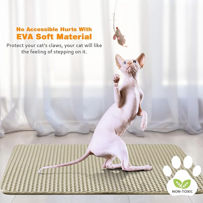 Waterproof Cat Litter Mat, Double Layer EVA, Odor-Free Large Grid, Urine Proof, Easy Cleanup (Khaki, 16 x 20)