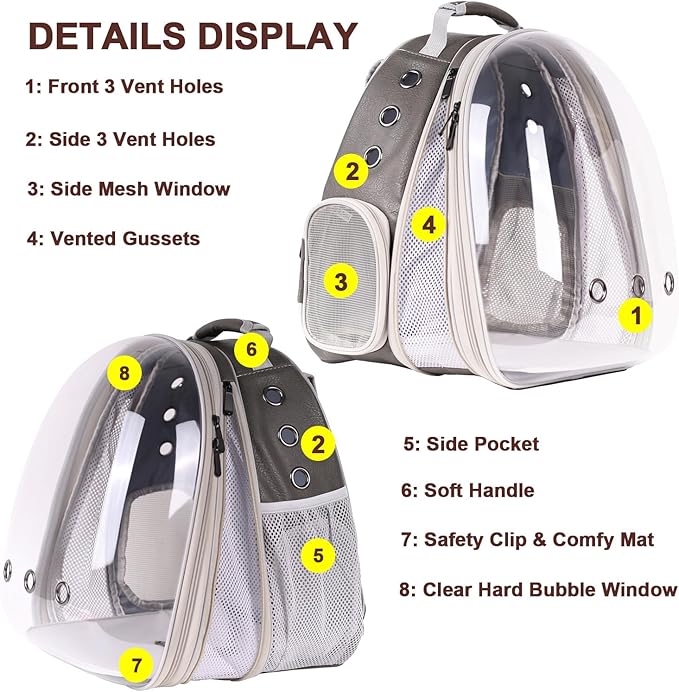 Front Extension Cat Backpack Carrier Cage for Large Cat, Up to 20 Pounds, Synthetic Leather Space Capsule Clear Bubble Window, Pet Carry Transport Book Bag