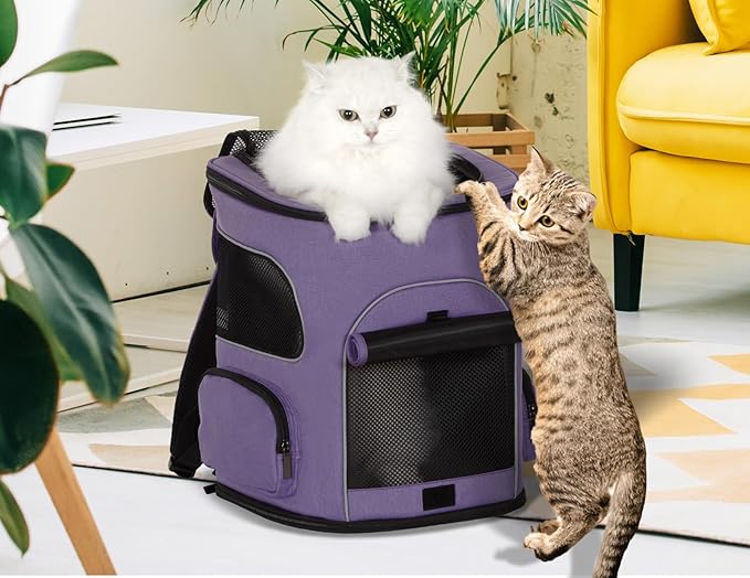PETSFIT Dog Backpack Carrier with Upgraded Waist Protection, Pet Carrier Backpack Designed for Small Dogs/Cats, Fully Ventilated Collapsible Cat Backpack for Outdoor Traveling Hiking Camping Purple