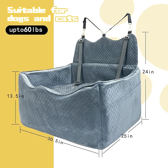 Luxury Dog Booster Seat - Safe & Comfortable Travel Bed for Small/Medium Dogs - Easy to Clean, Disassembles - Gray, Large