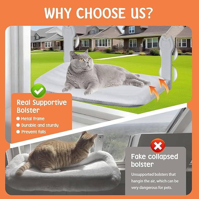 2 Pack Cat Window Perch,Cat Window Hammock Cordless Foldable Window Bed with 4 Large Strong Suction Cup,Reversible Cushion Cover,Metal Frame Easy to Adjust Window Seat Holds up to 40lbs(Dark Gray,M)