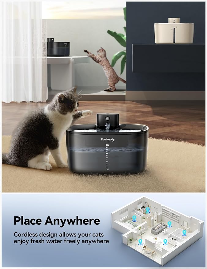 Pumpless Wireless Cat Water Fountain, FEELNEEDY 4L Battery Operated Pet Water Fountain for Cats Indoor, Motion Sensor Cat Drinking Fountain(Clear Black,FN-W07)