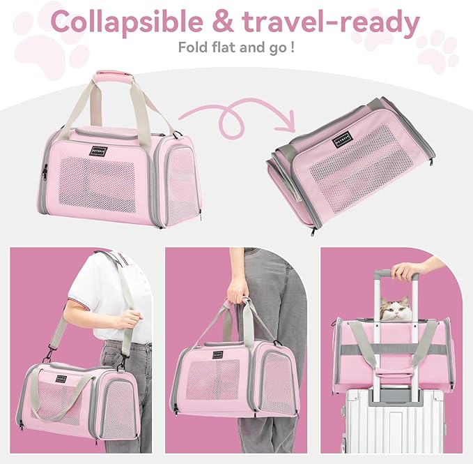 Airline Approved Cat Carrier 17.5ร10.5ร10.5 in, Escape-Proof Design with Locking Zippers & Safety Leash, Easy-Access 3-Way Entry, Washable Mat, Gift-Ready Holiday Choice for Cats up to 12 lb