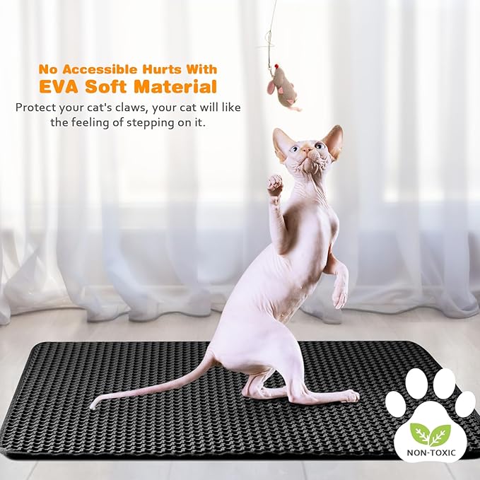Waterproof Cat Litter Mat, Double Layer EVA, Odor-Free Large Grid, Urine Proof, Easy Cleanup (Black, 24 x 35)