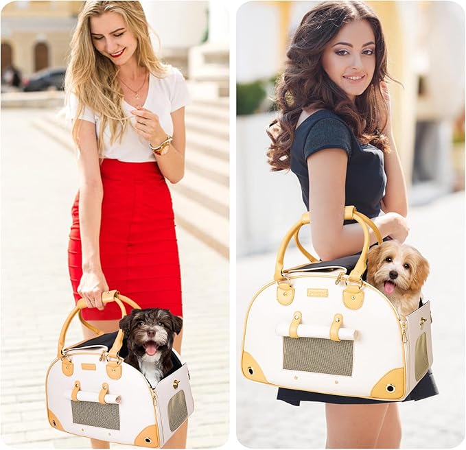 Dog Carrier, Cat Carrier, Pet Carrier, Foldable Premium PU Leather Dog Purse, Portable Tote Bag Carrier for Small to Medium Cats and Small Dogs(Creamy White -Medium)