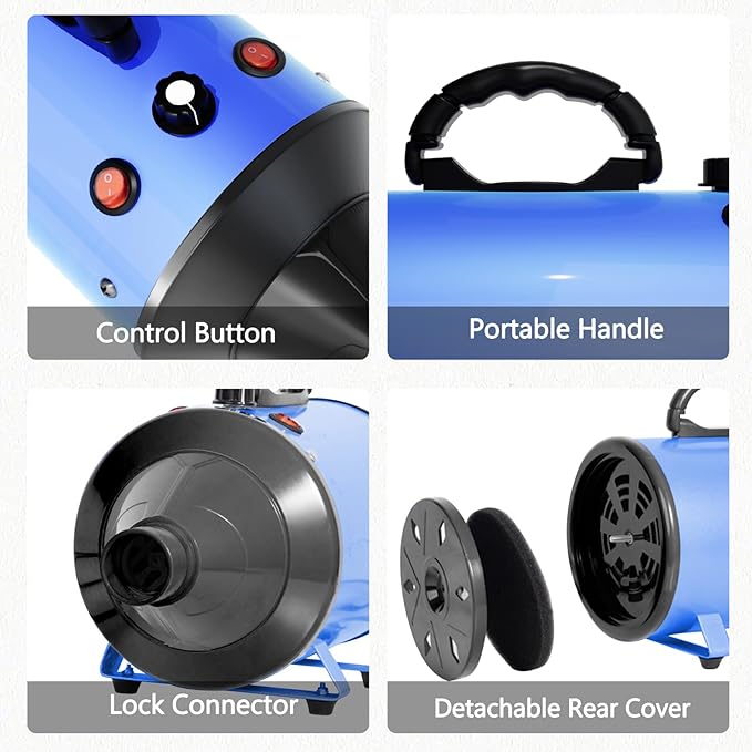 Dog Blower Grooming Dryer, Low Noise Pet Dryer Adjustable Speed and Temperature,5.2HP/ 3800W Dog Hair Dryer with Thickened Handle, High Velocity Blow Dryer for Dogs & 4 Nozzles 1 Massage Brush, Blue