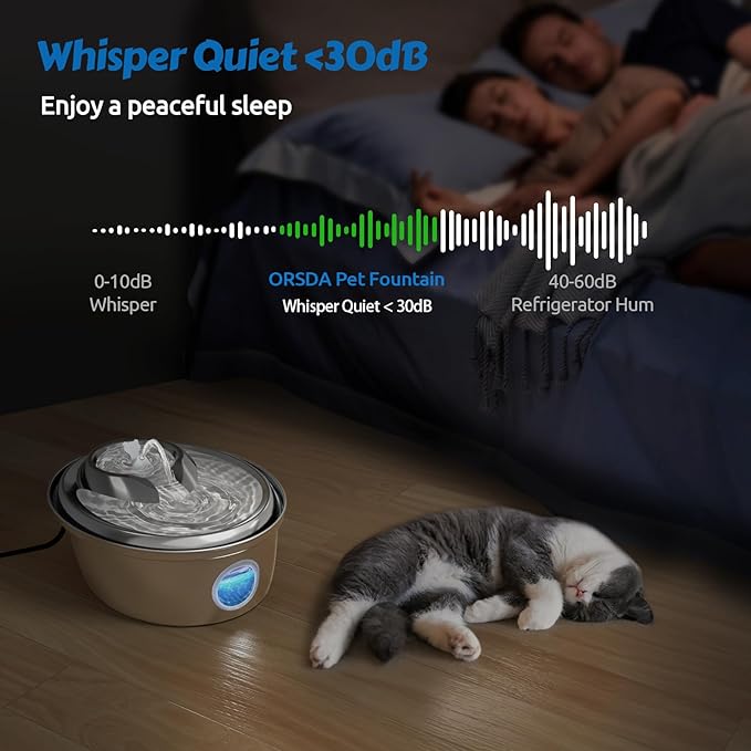 ORSDA Stainless Steel Cat Water Fountain, 100oz/3L Automatic Pet Drinking Fountain, Dog Water Dispenser Bowl with LED Window for Cats and Small & Medium Dogs- 12Pcs Filters( D66