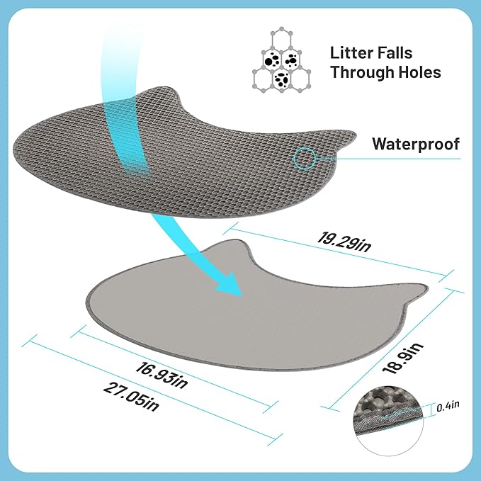 Eggloa6 Cat-Head Cat Litter Mat, Waterproof Kitty Litter Trapping Mat, Double Layer Mat, Easy to Clean, Dark Gray