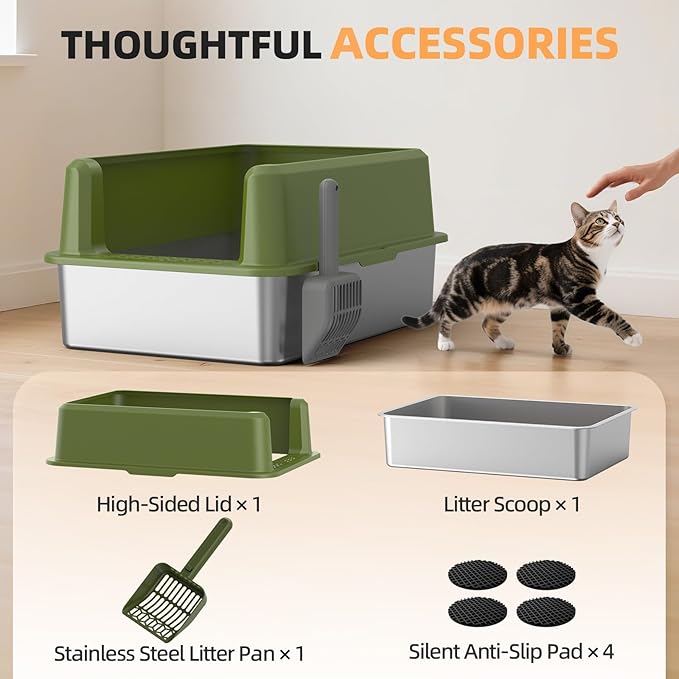 Enclosed Stainless Steel Cat Litter Box with Lid, XL Extra Large Litter Box for Big Cats, Metal Litter Pan High Sided, Never Absorbs Odors, Anti-Urine Leakage, Include Scoop (65-Green)