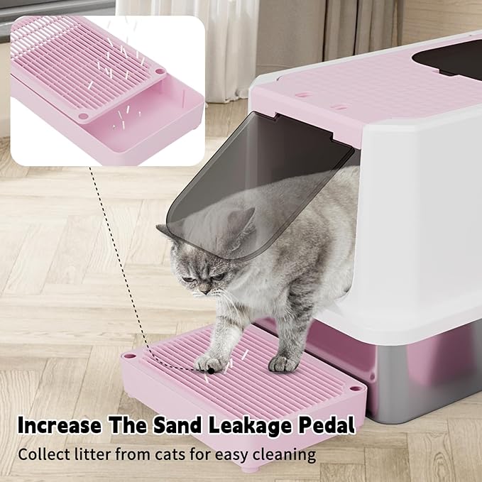 RIZZARI Enclosed Cat Litter Box:Stainless Steel Large Top-Entry & Front-Entry Design with Odor Control - High-Sided Pink Litter Pan for Easy Clean Multi-Cat Homes - for Apartments - Hallways