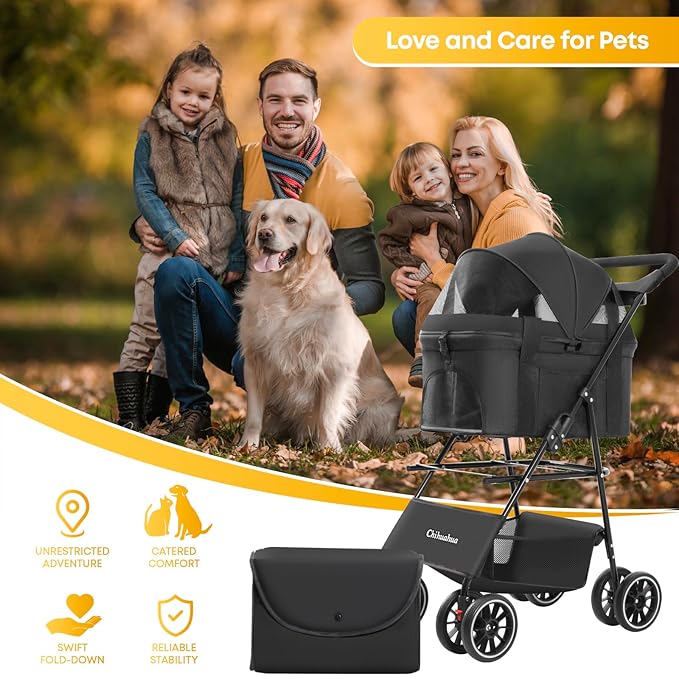2-in-1 Foldable Pet Stroller with Canopy, 4 Wheels Pet Strolling Cart for Small/Medium Dogs and Cats with Removable Carrier,Breathable Mesh,Mom Tote Bag,Cup Holders,Easy Assembly,Black