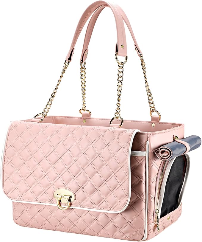 Fashion Dog Purse Carrier for Small Dogs with 2 Super-Large Pockets, Holds Up to 10lbs PU Leather Pet, Cat Carrier, Airline Approved Puppy Purse for Travel (Pink, Small Size)