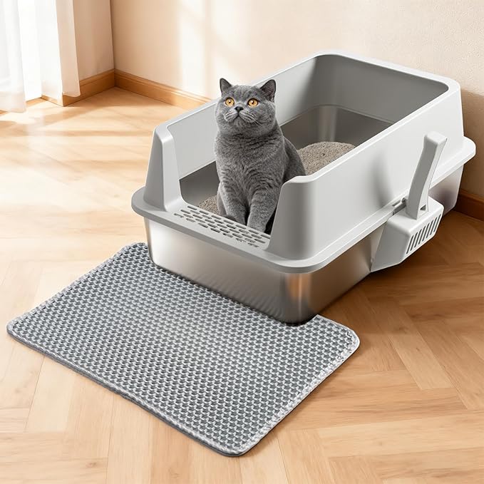 Stainless Steel Litter Box 2 Pack, Metal Cat Litter Box with Lid High Sides,XL Extra Large Litterbox for Big Cats,Non-Stick, Anti-Leakage,Easy to Clean,Include Litter Mat & Scoop,23x14.6x10in