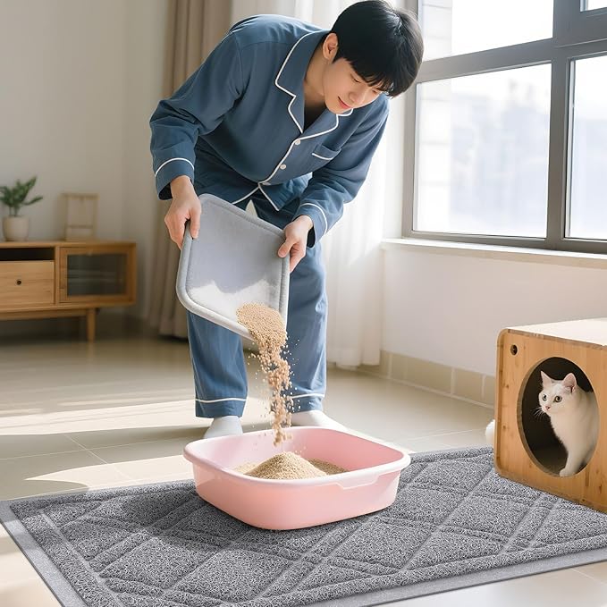Smiry Cat Litter Box Mat 47x24, Non-Slip Water Resistant Litter Trapping Mat, Easy Clean Less Waste and Urine-Locking Cat Carpet for Indoor, Grey
