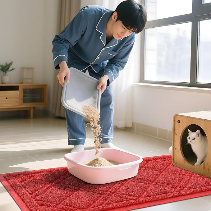 Smiry Cat Litter Box Mat 47x24, Non-Slip Water Resistant Litter Trapping Mat, Easy Clean Less Waste and Urine-Locking Cat Carpet for Indoor, Red