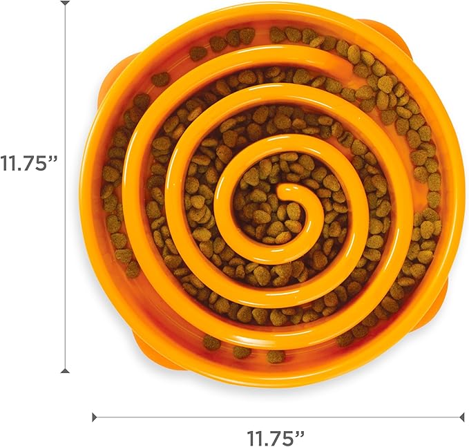 Outward Hound Slow Feeder Dog Bowl – Prevents Bloating & Fast Eating – Large 4 Cup Orange Swirl