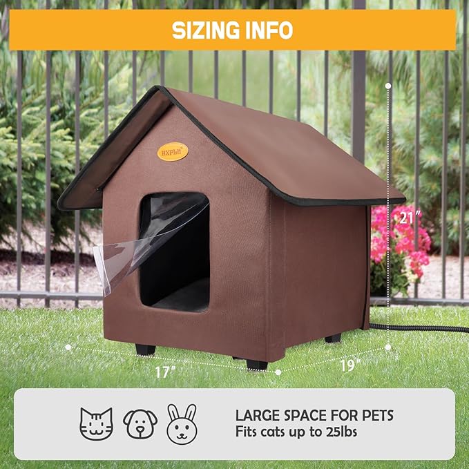 Heated Cat Houses for Outdoor Cats - Elevated Weatherproof Insulated Heated Outdoor Cat House for Winter - Feral Cat Shelter for Outside Cats - Outdoor Heated Cat House (Brown)