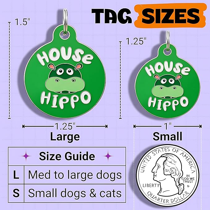 Bad Tags Personalized Dog & Cat ID Tags - Choose from 25+ Tag Designs - Free 5 Lines Custom Engraved - Unique, Cute, Funny, Sassy Pet Tag (House Hippo - Green, Small (1 inch))