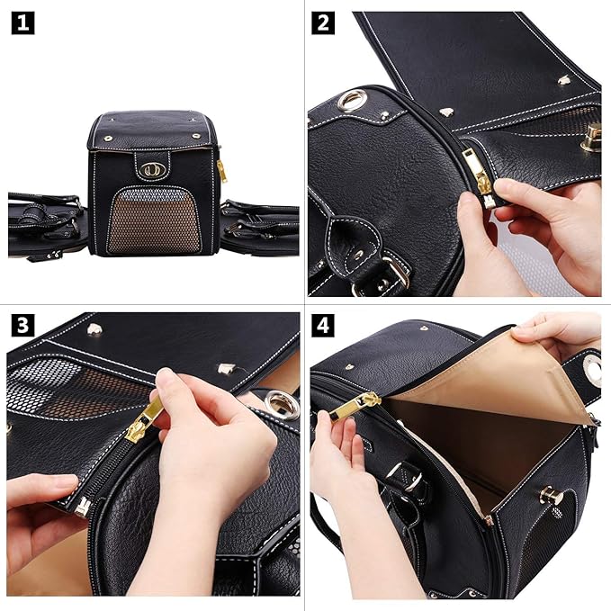 PetsHome Dog Carrier Purse, Pet Carrier, Foldable Waterproof Premium PU Leather Pet Travel Portable Bag Carrier for Cat and Small Dog Home & Outdoor Small Black