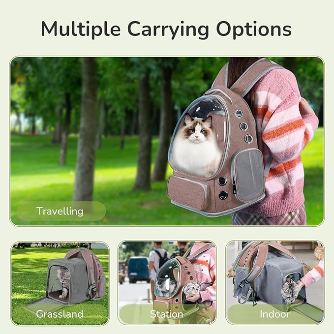Cat Backpack Carrier for Large Cats, Expandable Cat Bubble Backpack, Dog Carriers for Small Medium Dogs, Airline Approved Pet Carrier for Travel Hiking Outdoor(Brown)
