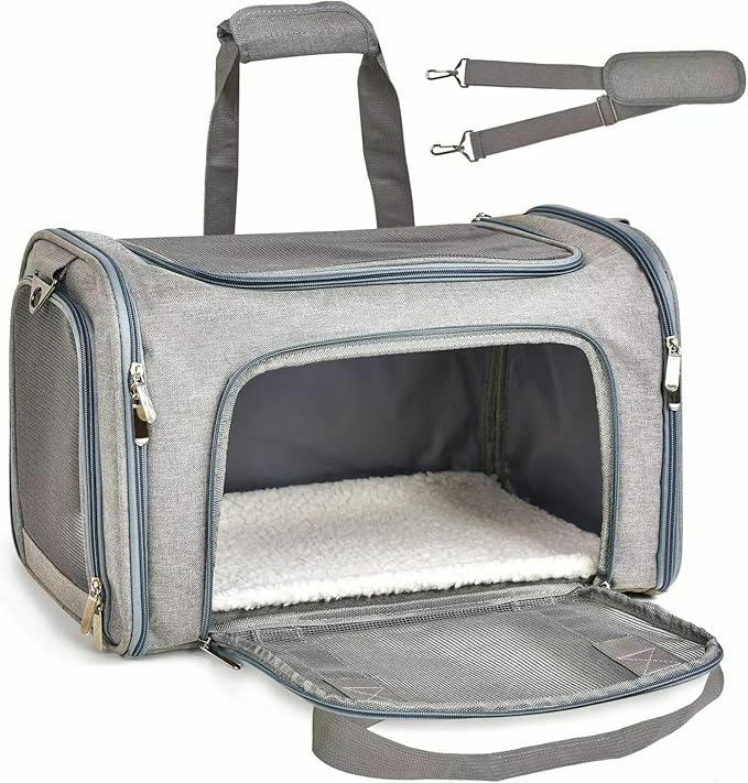 Pet Travel Carrier Bag – Airline Approved Soft-Sided Dog & Cat Carrier, Foldable, Breathable Mesh, Washable Pad – Fits Pets up to 15 lbs – The Pup Quartet (Grey)