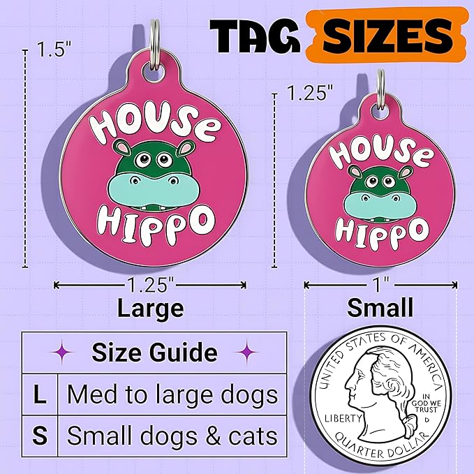 Bad Tags Personalized Dog & Cat ID Tags - Choose from 25+ Tag Designs - Free 5 Lines Custom Engraved - Unique, Cute, Funny, Sassy Pet Tag (House Hippo - Pink, Small (1 inch))