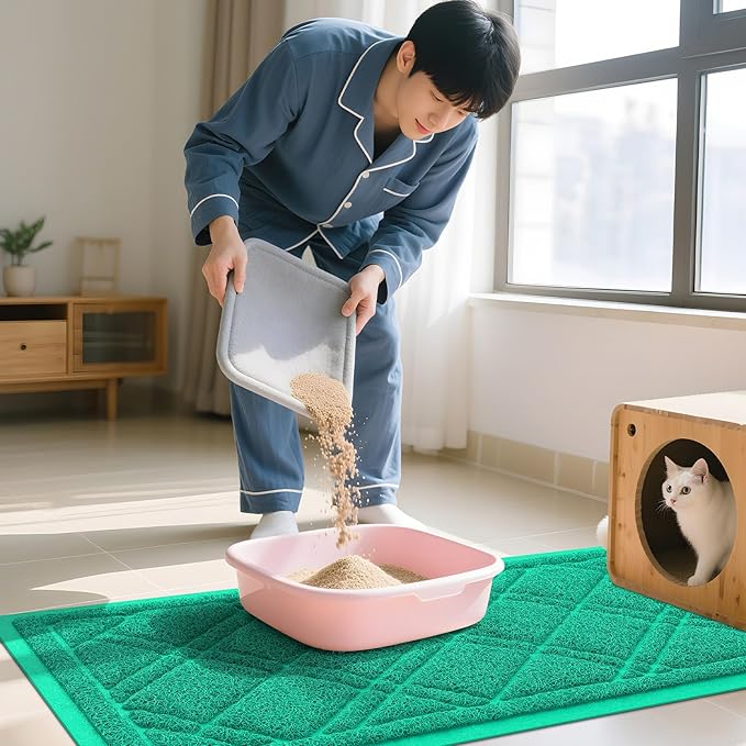 Smiry Cat Litter Box Mat 47x24, Non-Slip Water Resistant Litter Trapping Mat, Easy Clean Less Waste and Urine-Locking Cat Carpet for Indoor, Green
