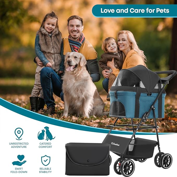 2-in-1 Foldable Pet Stroller with Canopy, 4 Wheels Pet Strolling Cart for Small/Medium Dogs and Cats with Removable Carrier,Breathable Mesh,Mom Tote Bag,Cup Holders,Easy Assembly,Black+Green