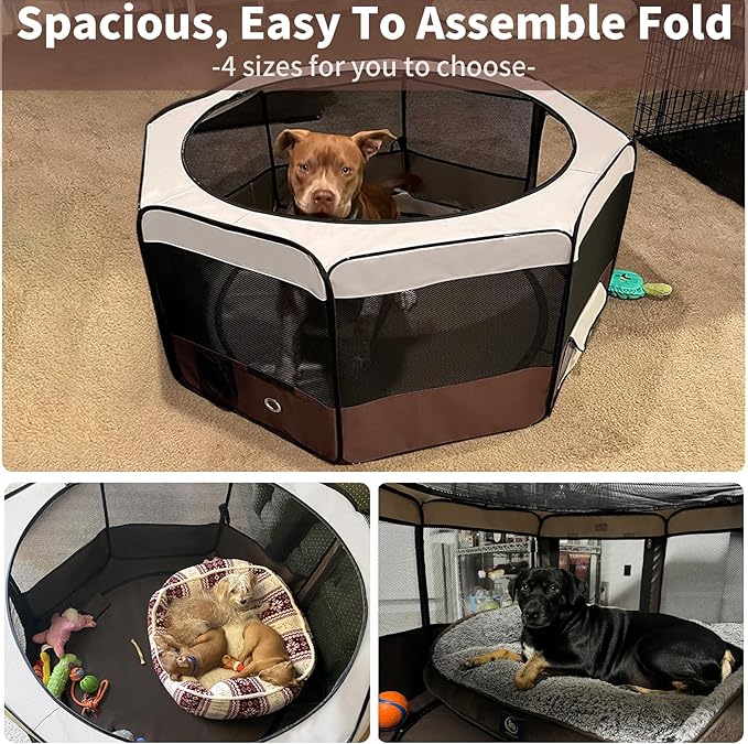 DONORO Dog Playpen 46" Portable Pet Play Pens for Small Medium Dogs, Foldable Exercise Kennel Tent Crate Indoor/Outdoor Travel Camping, Removable Top/Bottom (Brown, Large (46"x46"x23"), 8)