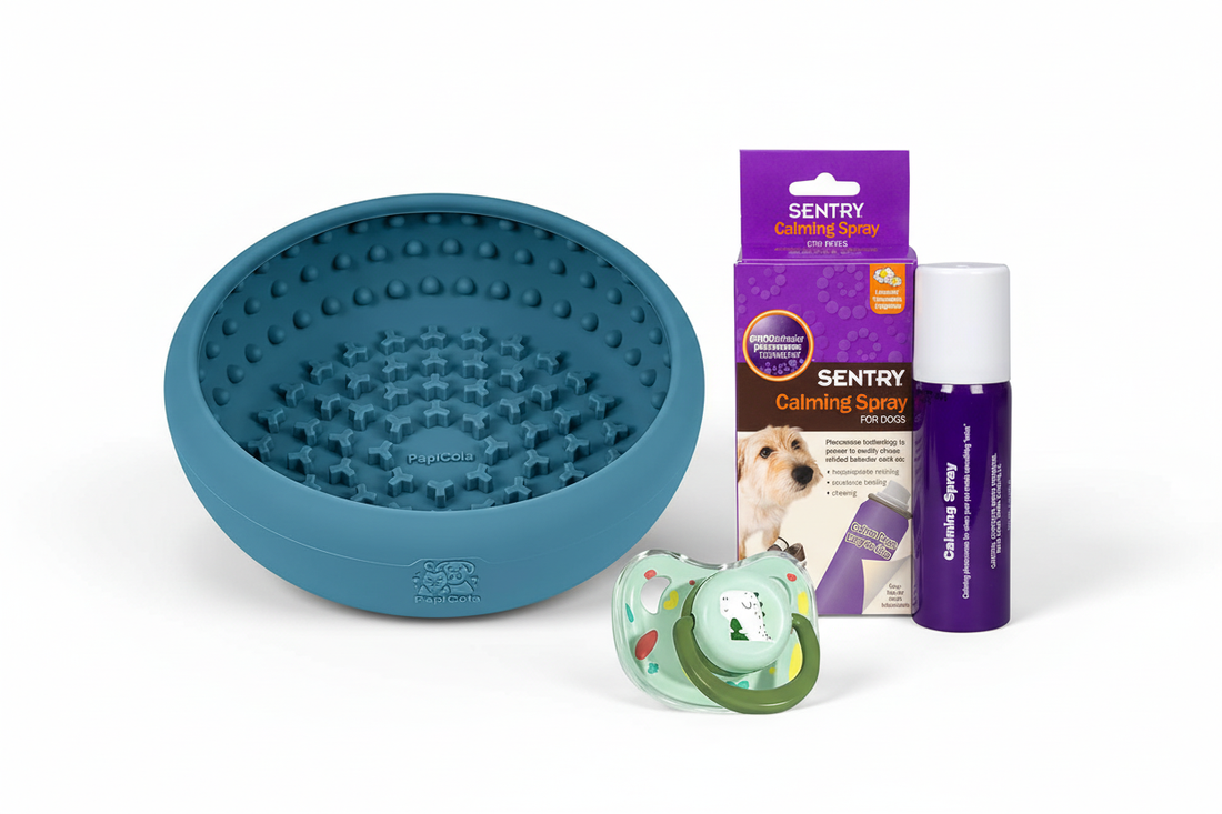 Dog calming starter kit with slow feeder lick bowl, pheromone spray, and chew toy for anxiety relief