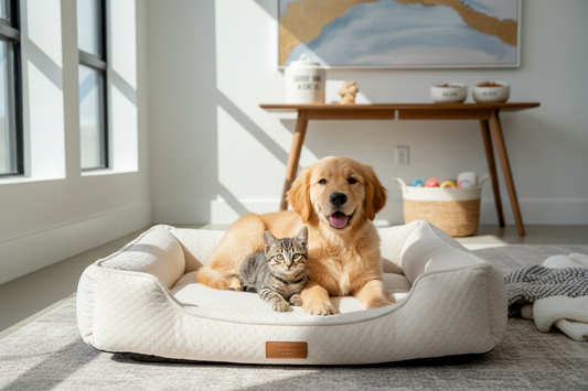 Happy puppy and kitten sitting together on a cozy orthopedic pet bed - new pet introduction guide 2026