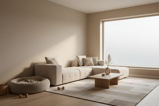 Minimalist living room designed for a calm dog-friendly home, featuring neutral tones, low-profile furniture, and a cozy dog bed.