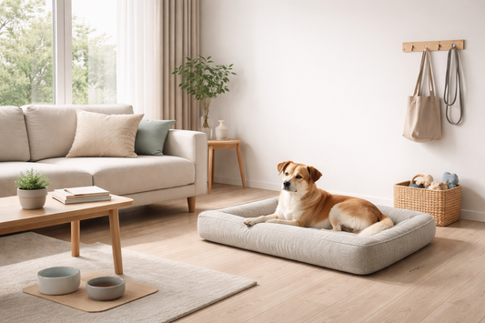 Minimalist modern living room with a calm medium-sized dog resting on a neutral dog bed near a sofa, natural daylight, Scandinavian pet-friendly home with modern dog essentials and clutter-free interior.