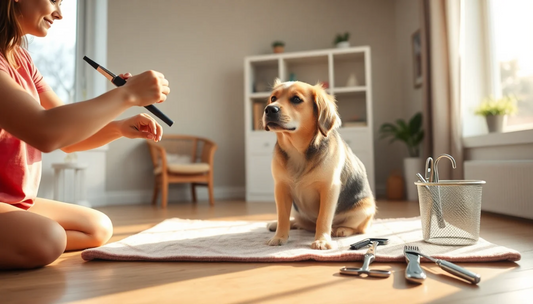 Home dog grooming routine using gentle grooming tools, showing a calm dog being groomed in a clean, stress-free home environment.