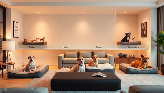 Lifestyle-based dog products displayed in a modern living space, showing different dog lifestyles including active, urban, senior, and adventure dogs with tailored comfort solutions.