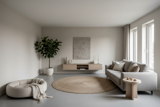 A calm minimalist living room designed for a modern dog lifestyle with a cozy dog bed