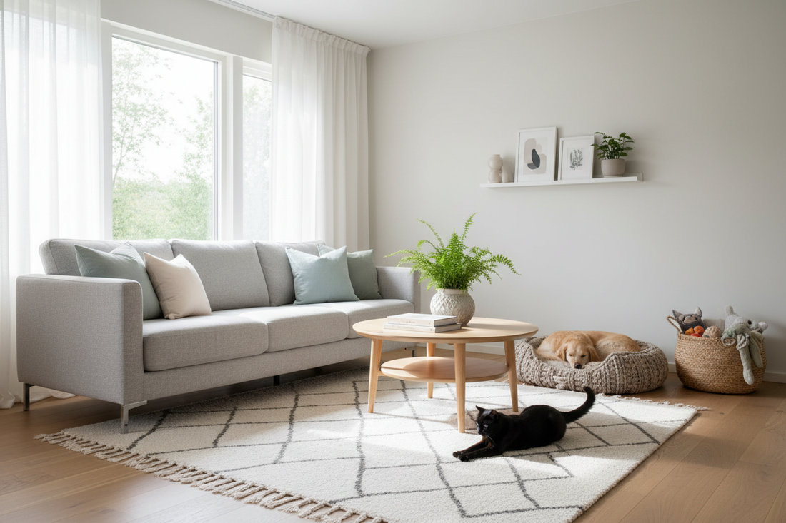 Modern stylish living room designed for both humans and pets with organized pet corner and minimal decor