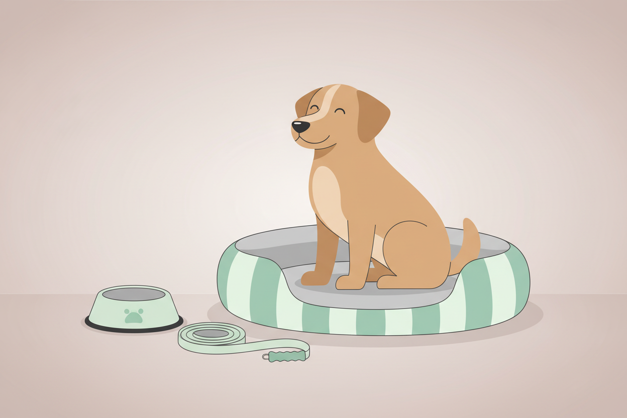 Minimal modern hero image of a happy dog with a bed, bowl, and leash on a neutral background