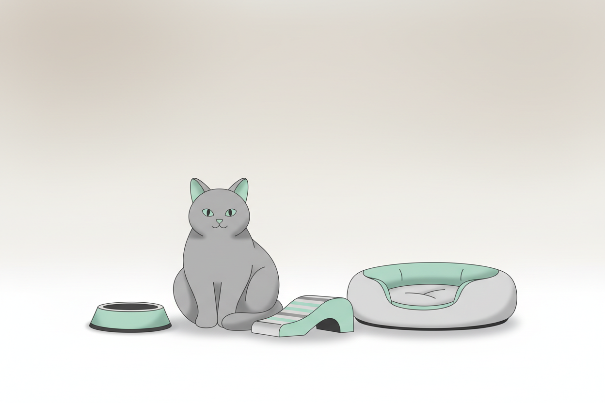 Minimal modern illustration of a relaxed cat next to a bowl, scratcher, and bed on a neutral background