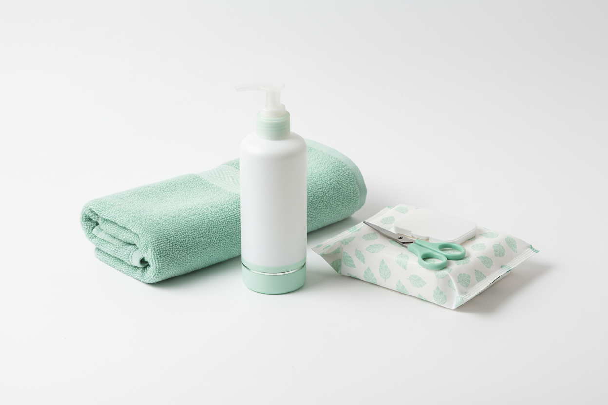 Premium pet bath essentials including gentle shampoo, ultra-absorbent towel, grooming wipes, and scissors on white background