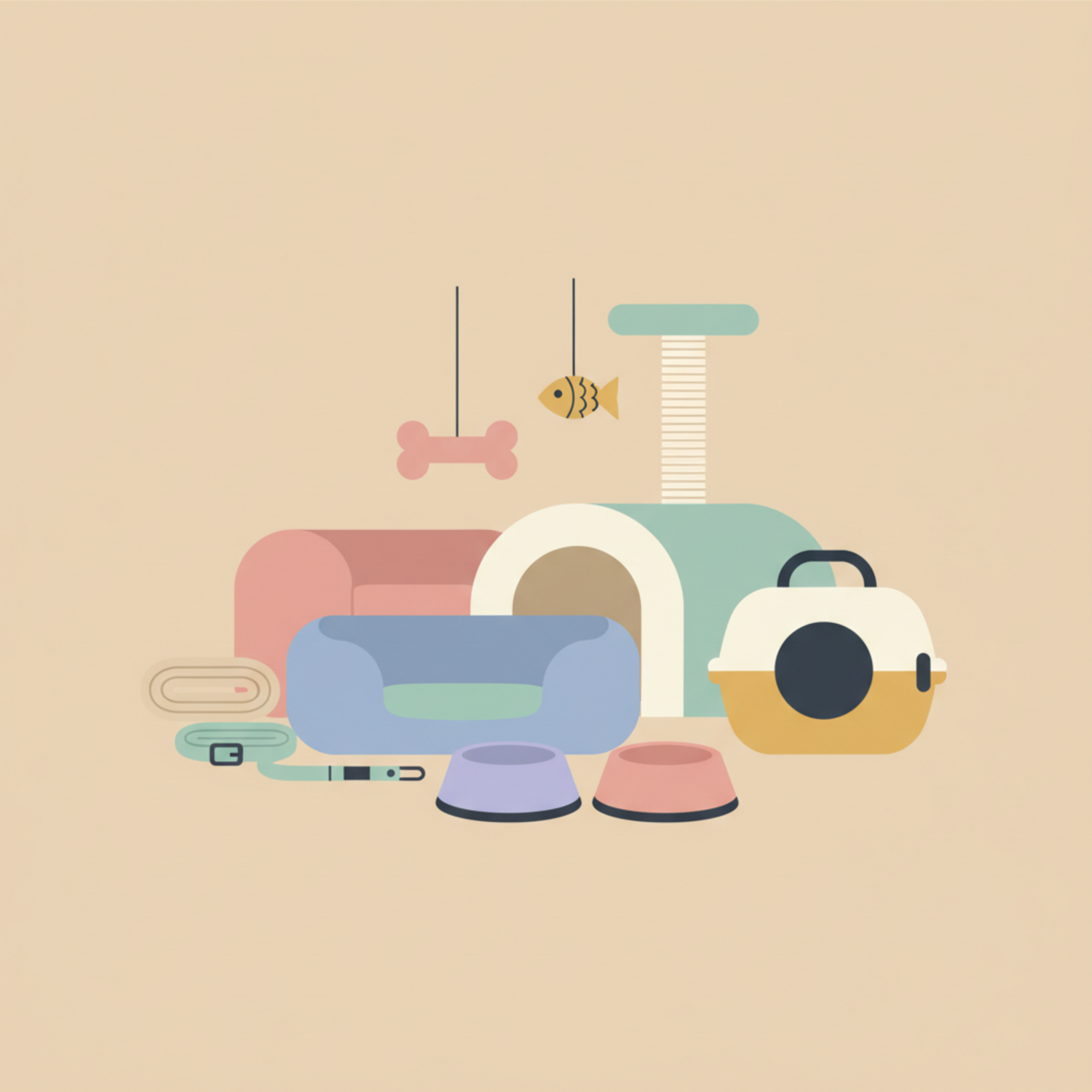 New arrivals dog and cat products in a soft pastel illustration style