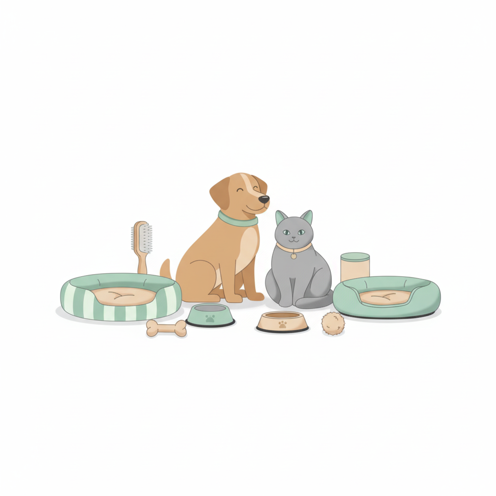 Shop Favorites collection image featuring a dog and cat surrounded by their favorite pet products including a bed, bowl, toy, and grooming brush — FetchMart