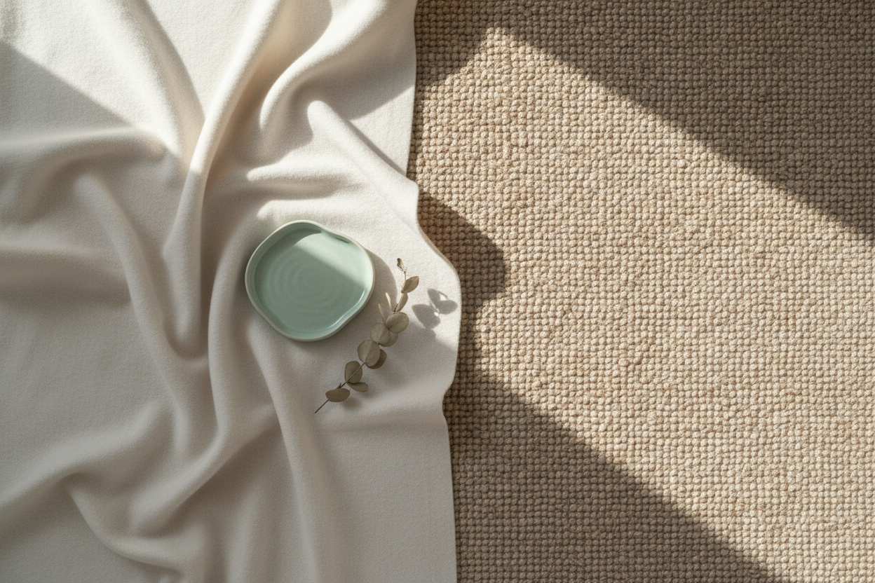 Minimal blanket and rug set in neutral tones with mint accents.