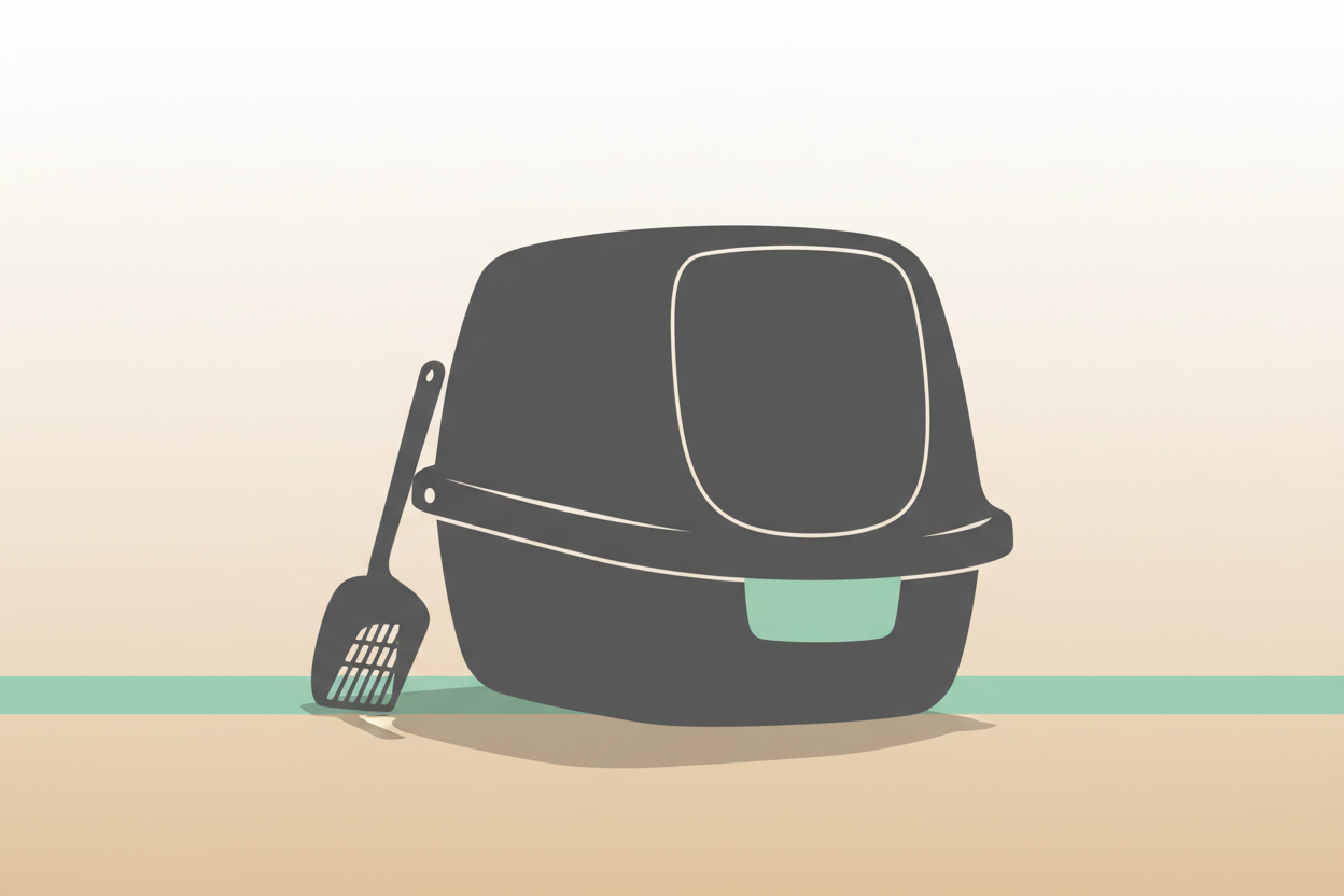Minimal cat litter setup with scoop and odor-control accessories on a soft white/beige background.